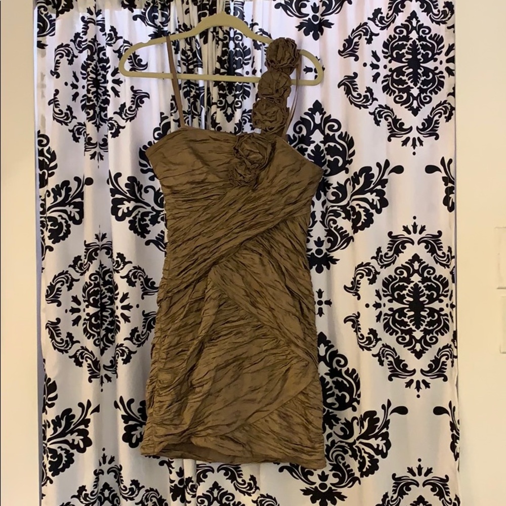 Beautiful, bronze, one shoulder BCBG dress